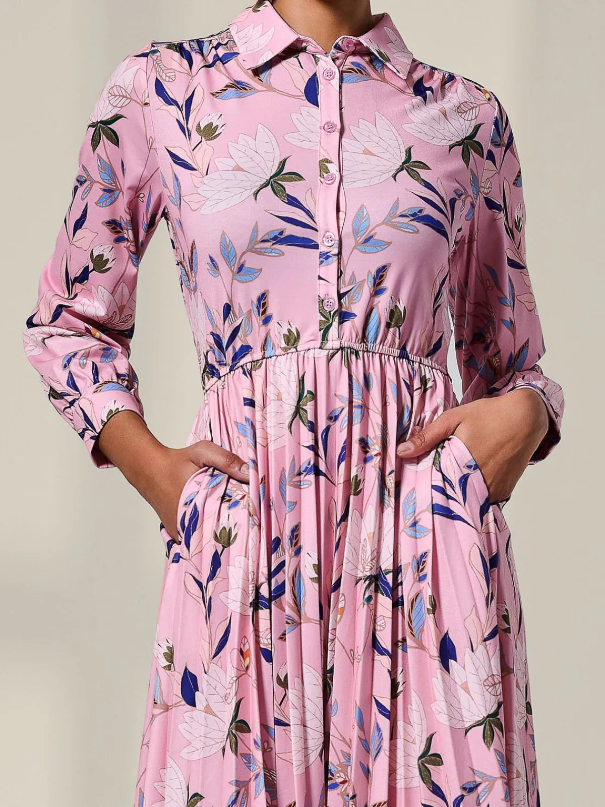 Jolie Moi Office Dresses|Midi Dresses-Pleated Button Up Midi Dress, Pink Floral