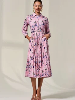 Jolie Moi Office Dresses|Midi Dresses-Pleated Button Up Midi Dress, Pink Floral