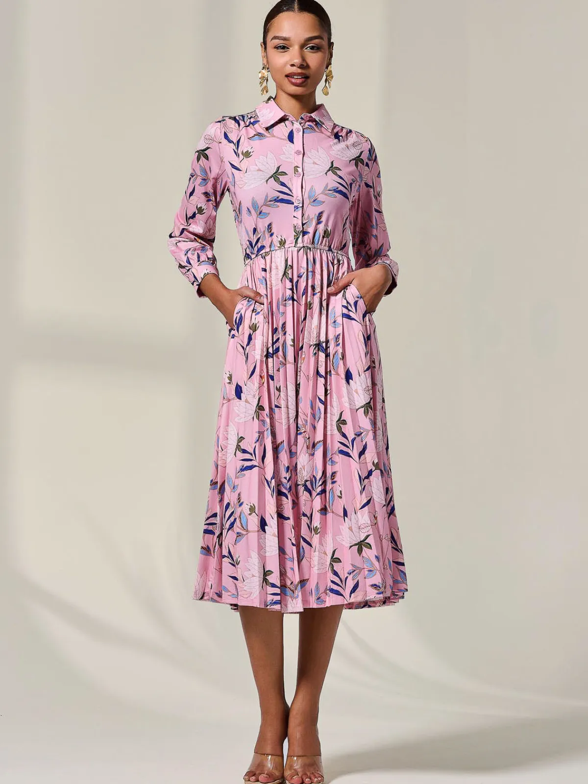 Jolie Moi Office Dresses|Midi Dresses-Pleated Button Up Midi Dress, Pink Floral