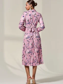 Jolie Moi Office Dresses|Midi Dresses-Pleated Button Up Midi Dress, Pink Floral