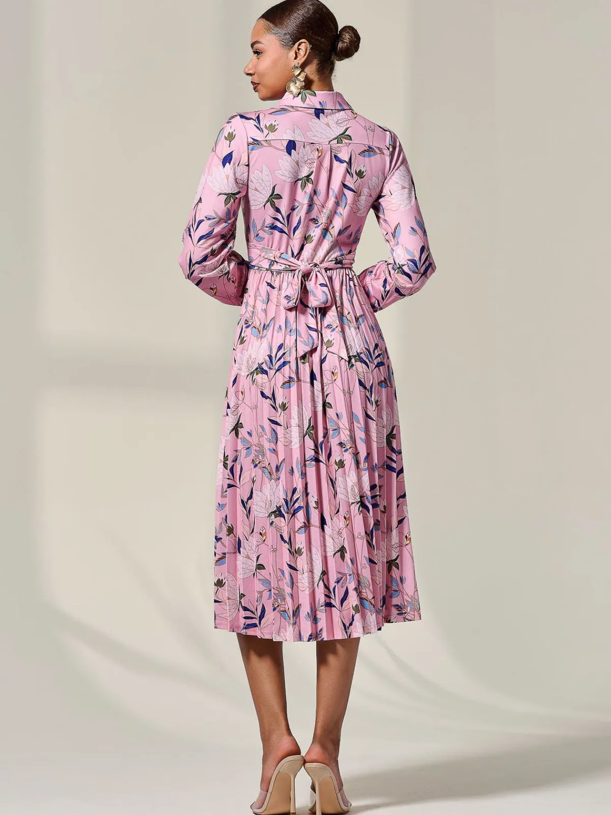 Jolie Moi Office Dresses|Midi Dresses-Pleated Button Up Midi Dress, Pink Floral