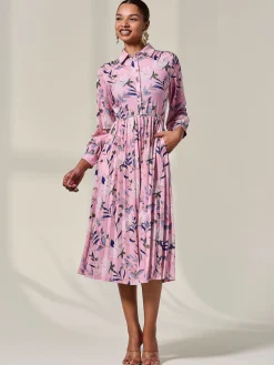 Jolie Moi Office Dresses|Midi Dresses-Pleated Button Up Midi Dress, Pink Floral