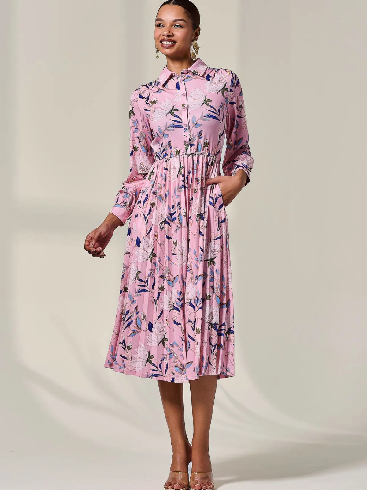 Jolie Moi Office Dresses|Midi Dresses-Pleated Button Up Midi Dress, Pink Floral