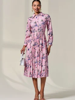 Jolie Moi Office Dresses|Midi Dresses-Pleated Button Up Midi Dress, Pink Floral