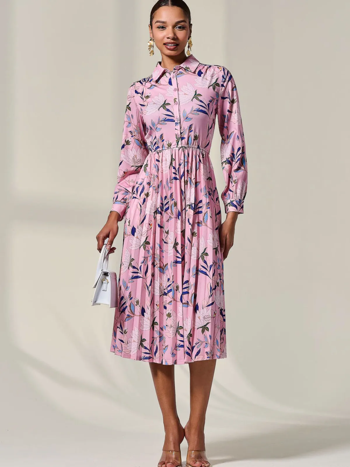 Jolie Moi Office Dresses|Midi Dresses-Pleated Button Up Midi Dress, Pink Floral