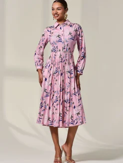 Jolie Moi Office Dresses|Midi Dresses-Pleated Button Up Midi Dress, Pink Floral