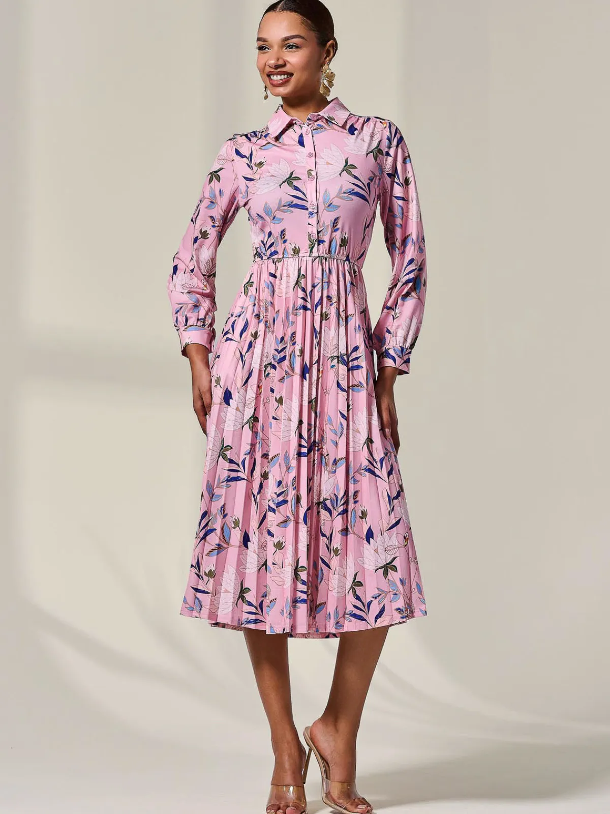 Jolie Moi Office Dresses|Midi Dresses-Pleated Button Up Midi Dress, Pink Floral