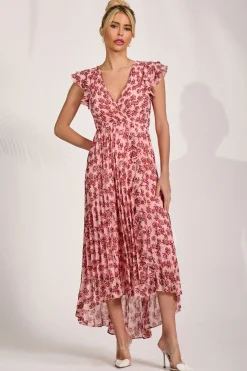 Jolie Moi Maxi Dresses|Summer Dresses-Pleated Chiffon Dip Hem Maxi Dress, Pink Floral