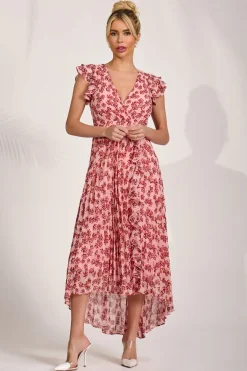 Jolie Moi Maxi Dresses|Summer Dresses-Pleated Chiffon Dip Hem Maxi Dress, Pink Floral