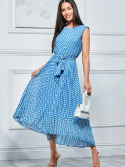 Jolie Moi Occasion Dresses|Sleeveless Dresses-Pleated Chiffon High-Low Maxi Dress, Blue Polka