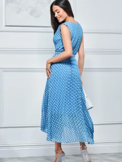 Jolie Moi Occasion Dresses|Sleeveless Dresses-Pleated Chiffon High-Low Maxi Dress, Blue Polka