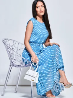 Jolie Moi Occasion Dresses|Sleeveless Dresses-Pleated Chiffon High-Low Maxi Dress, Blue Polka