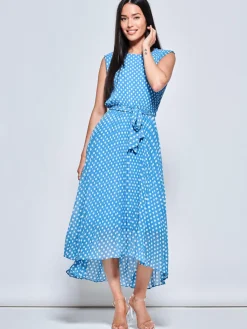 Jolie Moi Occasion Dresses|Sleeveless Dresses-Pleated Chiffon High-Low Maxi Dress, Blue Polka