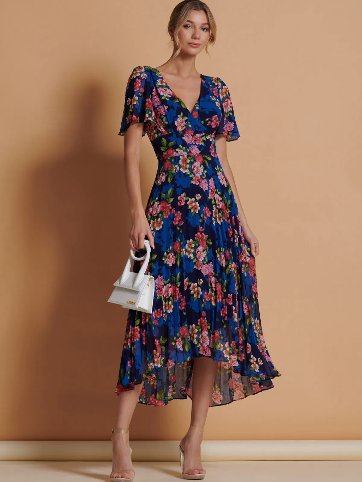 Jolie Moi Occasion Dresses|Wrap Dresses-Pleated Chiffon High Low Maxi Dress, Navy Floral