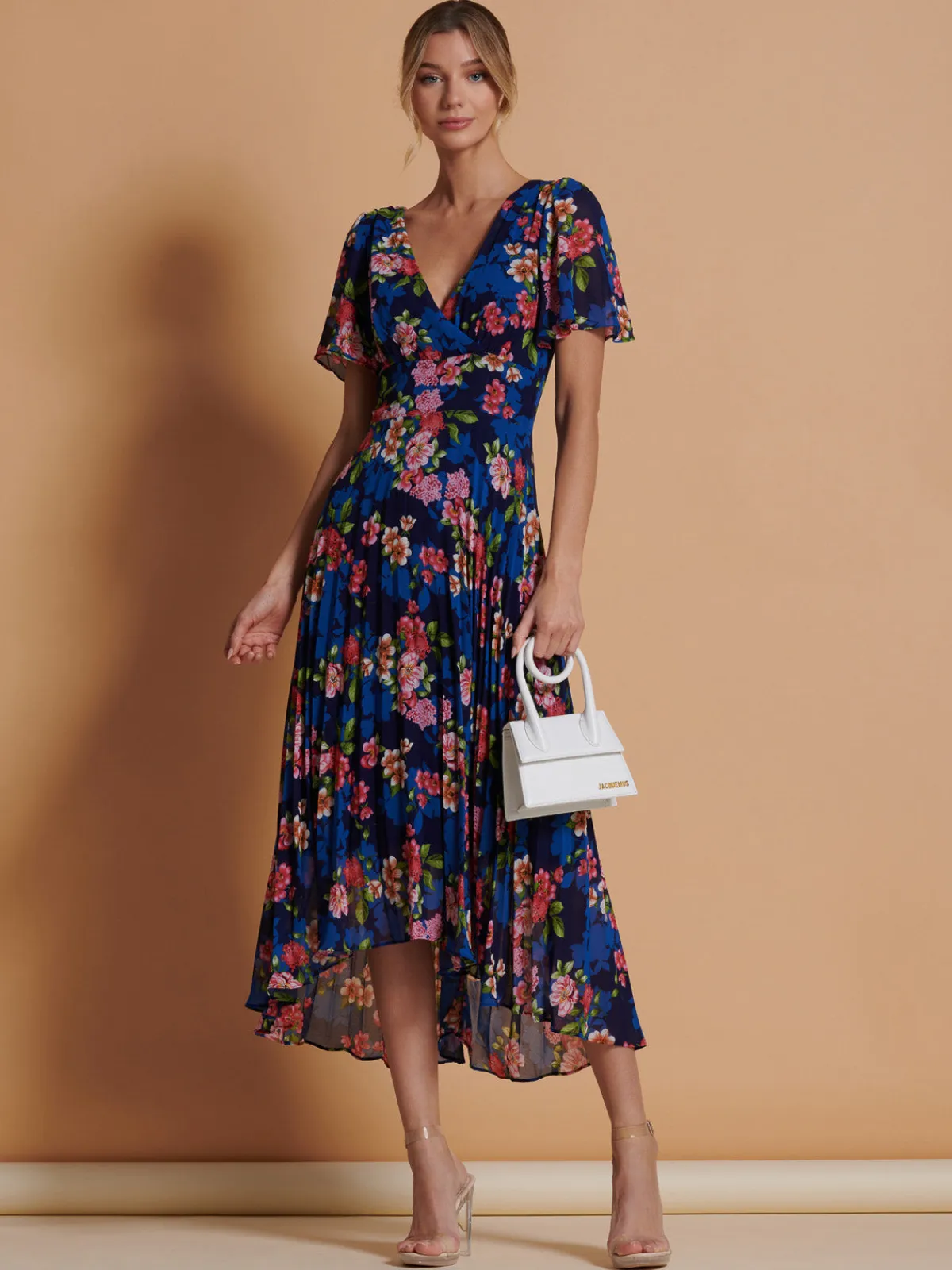 Jolie Moi Occasion Dresses|Wrap Dresses-Pleated Chiffon High Low Maxi Dress, Navy Floral