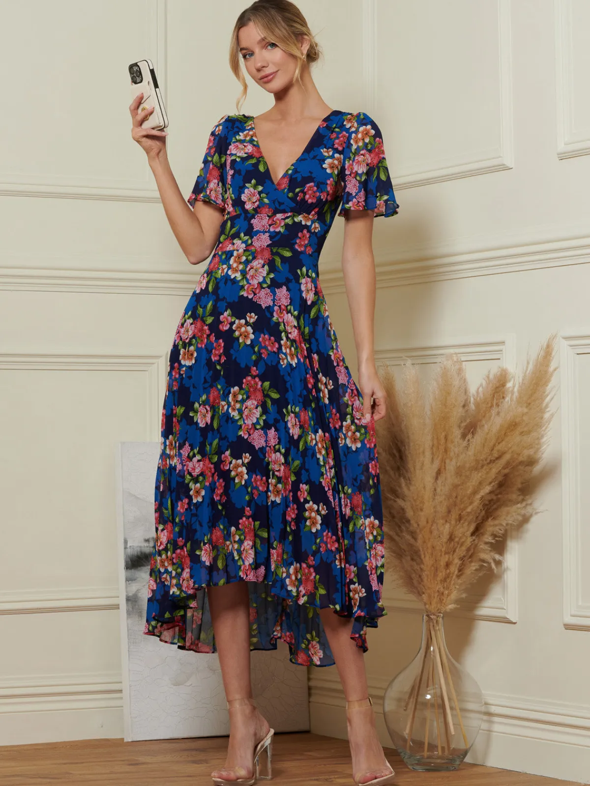 Jolie Moi Occasion Dresses|Wrap Dresses-Pleated Chiffon High Low Maxi Dress, Navy Floral