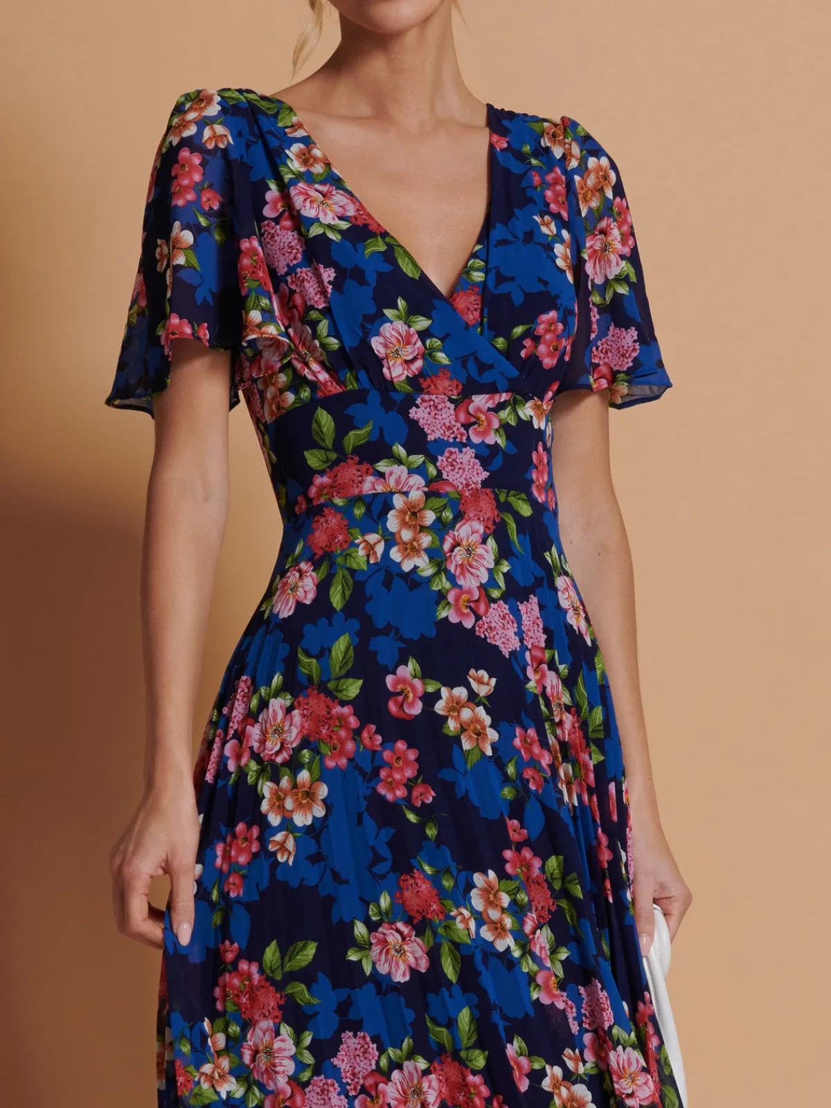 Jolie Moi Occasion Dresses|Wrap Dresses-Pleated Chiffon High Low Maxi Dress, Navy Floral