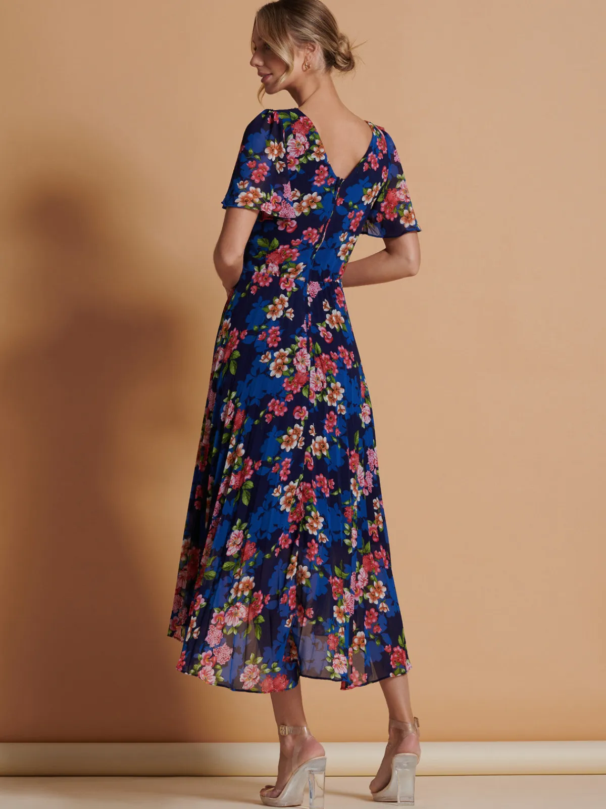 Jolie Moi Occasion Dresses|Wrap Dresses-Pleated Chiffon High Low Maxi Dress, Navy Floral