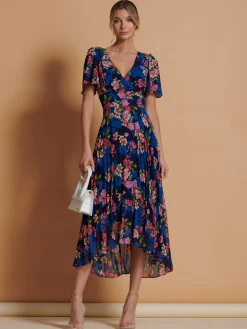 Jolie Moi Occasion Dresses|Wrap Dresses-Pleated Chiffon High Low Maxi Dress, Navy Floral