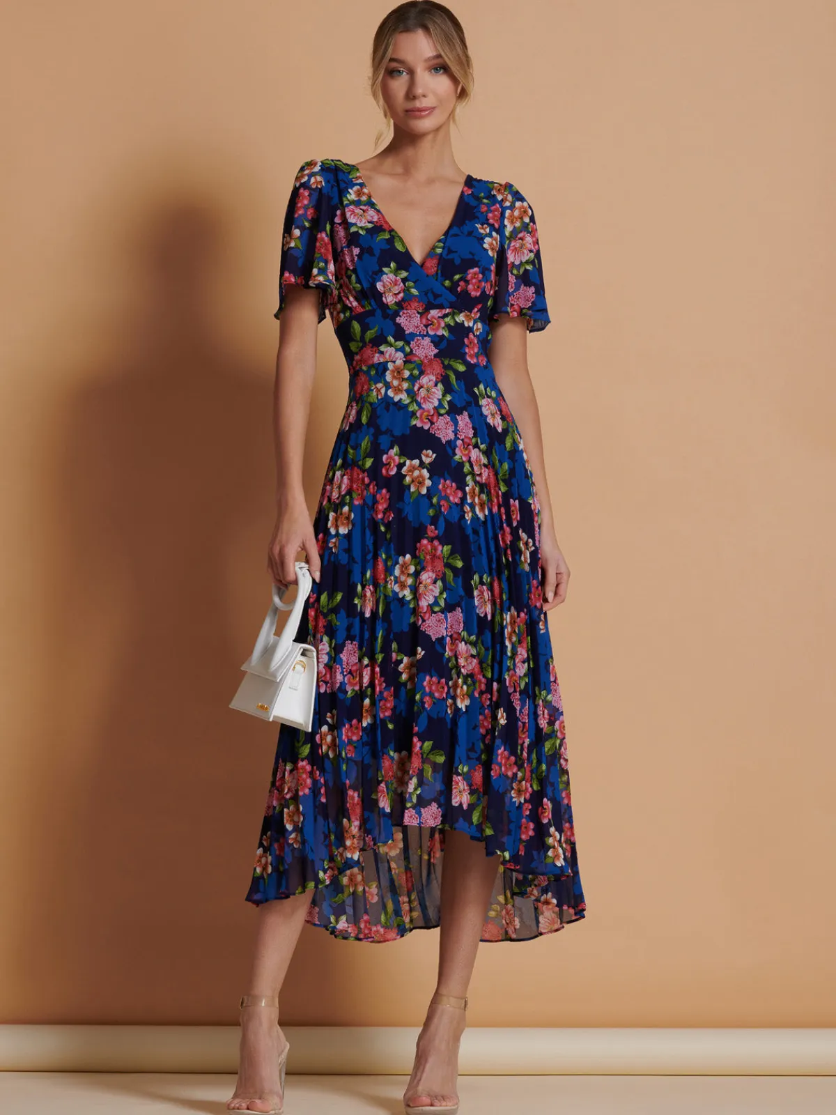 Jolie Moi Occasion Dresses|Wrap Dresses-Pleated Chiffon High Low Maxi Dress, Navy Floral