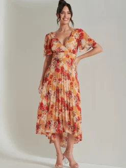 Jolie Moi Occasion Dresses|Floral Dresses-Pleated Chiffon High Low Maxi Dress, Red Floral