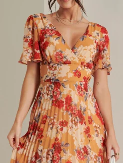 Jolie Moi Occasion Dresses|Floral Dresses-Pleated Chiffon High Low Maxi Dress, Red Floral