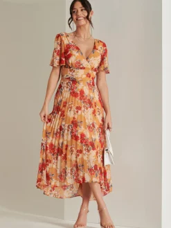 Jolie Moi Occasion Dresses|Floral Dresses-Pleated Chiffon High Low Maxi Dress, Red Floral