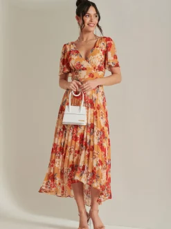 Jolie Moi Occasion Dresses|Floral Dresses-Pleated Chiffon High Low Maxi Dress, Red Floral