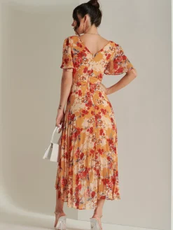 Jolie Moi Occasion Dresses|Floral Dresses-Pleated Chiffon High Low Maxi Dress, Red Floral