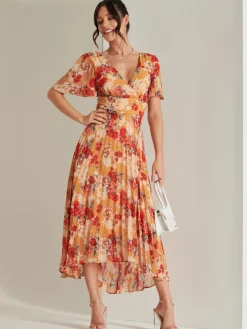 Jolie Moi Occasion Dresses|Floral Dresses-Pleated Chiffon High Low Maxi Dress, Red Floral