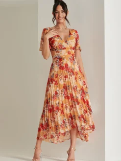 Jolie Moi Occasion Dresses|Floral Dresses-Pleated Chiffon High Low Maxi Dress, Red Floral