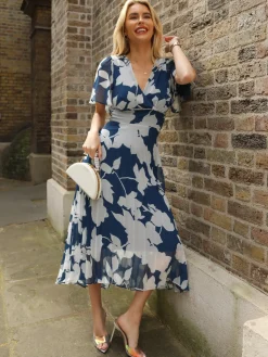 Jolie Moi Occasion Dresses|Maxi Dresses-Pleated Chiffon Maxi Dress, Beige Floral