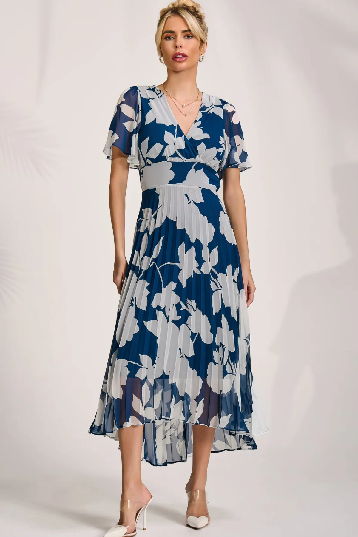 Jolie Moi Occasion Dresses|Maxi Dresses-Pleated Chiffon Maxi Dress, Beige Floral