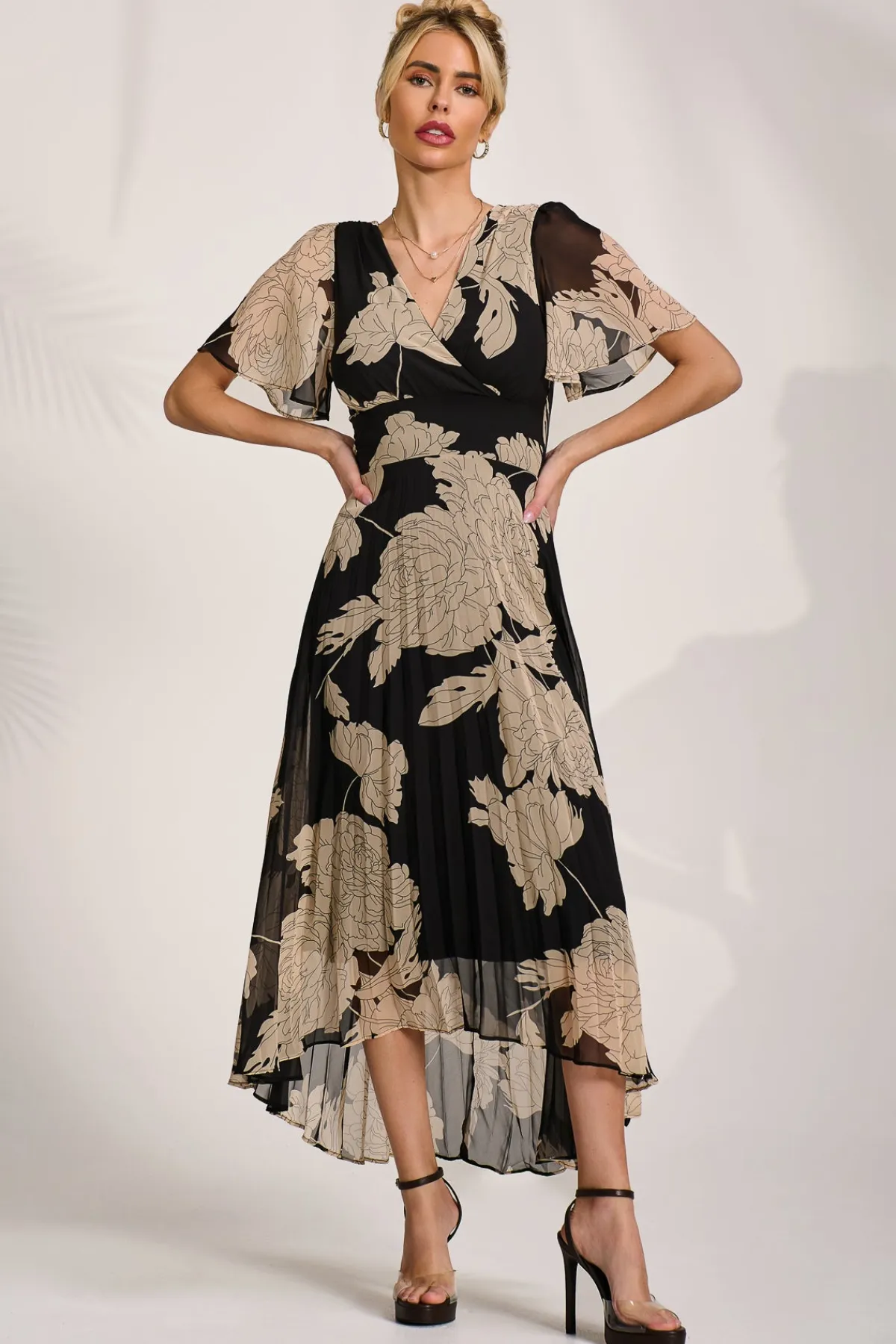 Jolie Moi Occasion Dresses|Maxi Dresses-Pleated Chiffon Maxi Dress, Black Floral