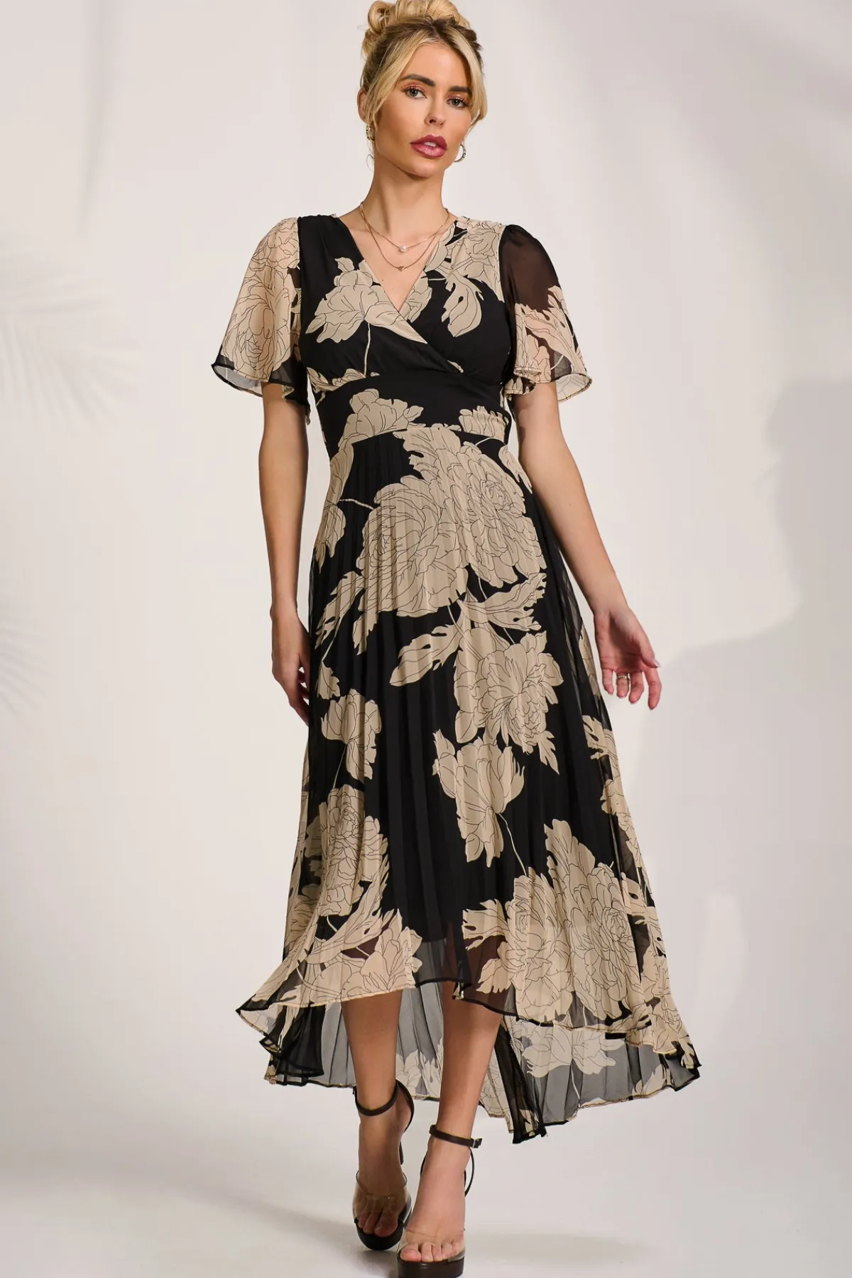 Jolie Moi Occasion Dresses|Maxi Dresses-Pleated Chiffon Maxi Dress, Black Floral