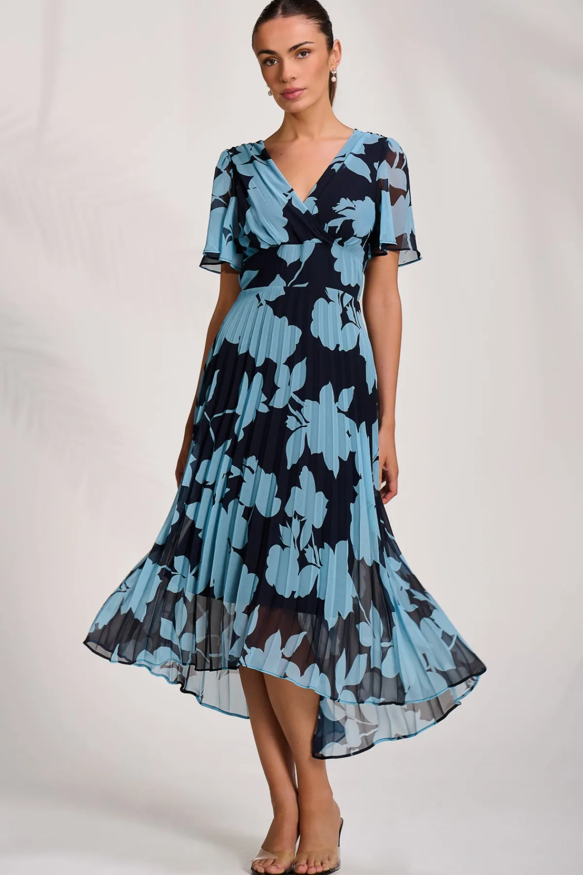 Jolie Moi Occasion Dresses|Maxi Dresses-Pleated Chiffon Maxi Dress, Blue Floral