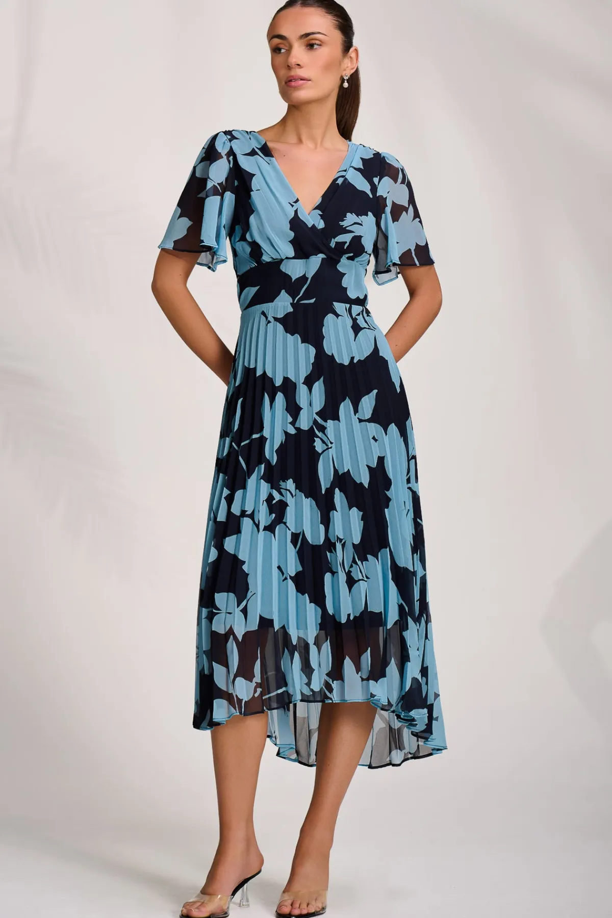 Jolie Moi Occasion Dresses|Maxi Dresses-Pleated Chiffon Maxi Dress, Blue Floral