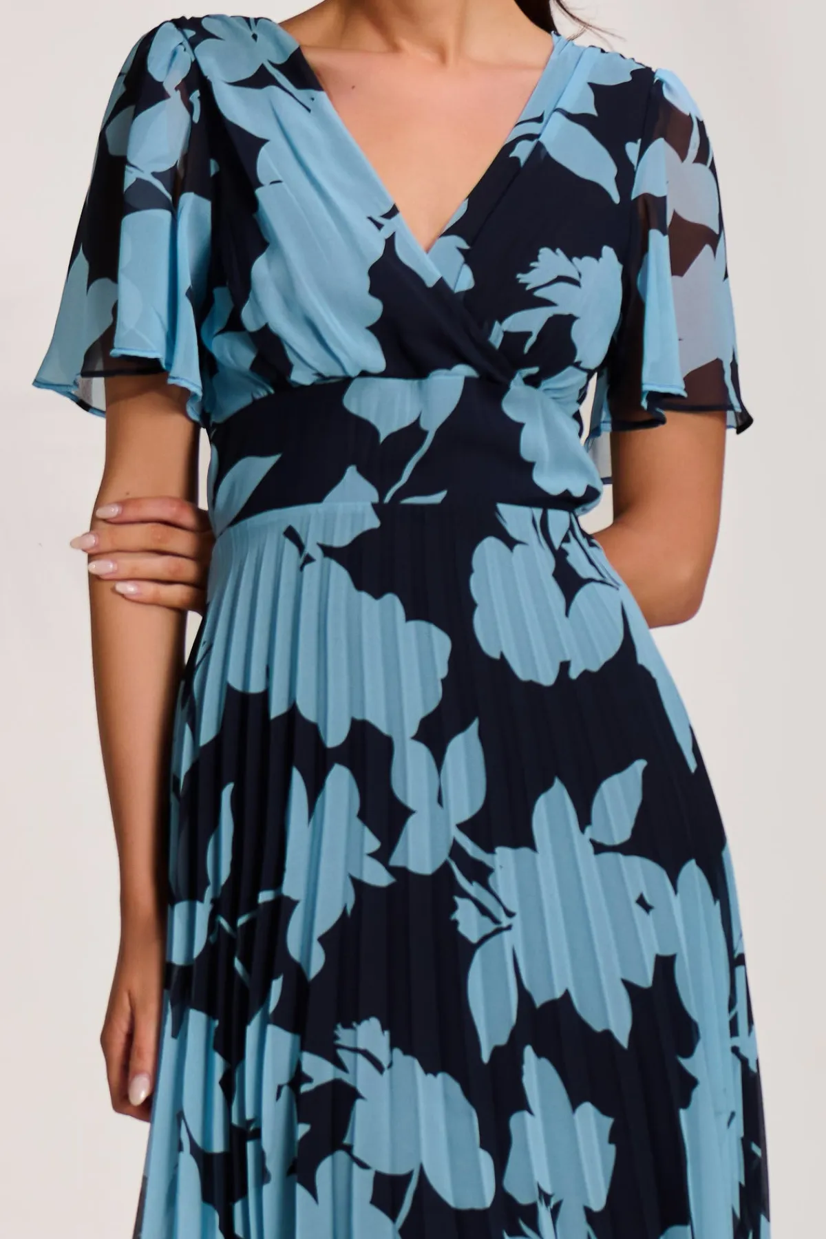 Jolie Moi Occasion Dresses|Maxi Dresses-Pleated Chiffon Maxi Dress, Blue Floral