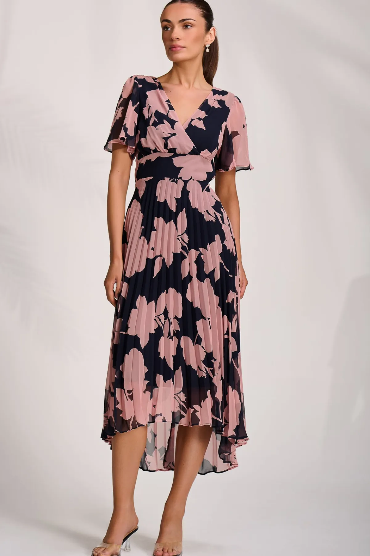 Jolie Moi Occasion Dresses|Maxi Dresses-Pleated Chiffon Maxi Dress, Pink Floral