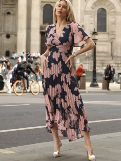 Jolie Moi Occasion Dresses|Maxi Dresses-Pleated Chiffon Maxi Dress, Pink Floral