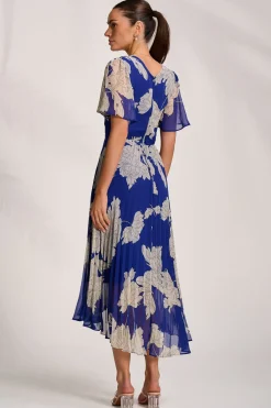 Jolie Moi Occasion Dresses|Party Dresses-Pleated Chiffon Maxi Dress, Royal Blue Floral