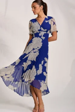 Jolie Moi Occasion Dresses|Party Dresses-Pleated Chiffon Maxi Dress, Royal Blue Floral