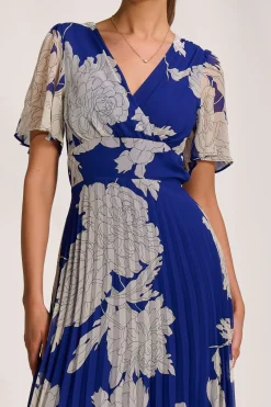 Jolie Moi Occasion Dresses|Party Dresses-Pleated Chiffon Maxi Dress, Royal Blue Floral