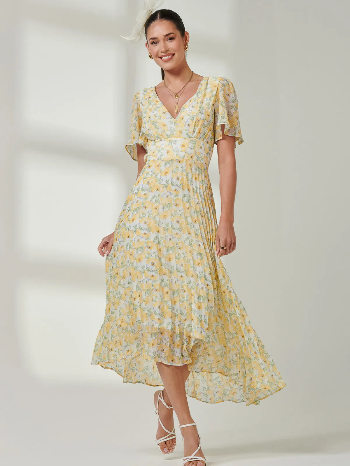 Jolie Moi Occasion Dresses|Floral Dresses-Pleated Dip Hem Chiffon Midaxi Dress, Yellow Floral