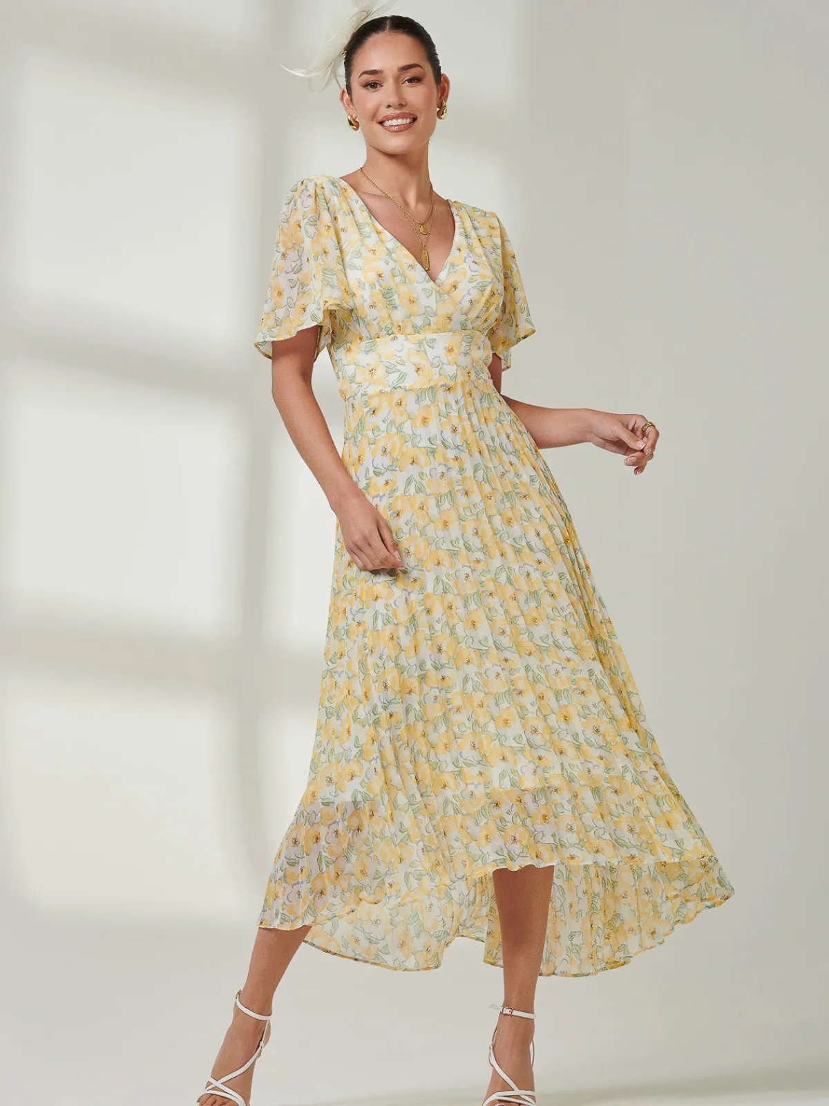 Jolie Moi Occasion Dresses|Floral Dresses-Pleated Dip Hem Chiffon Midaxi Dress, Yellow Floral