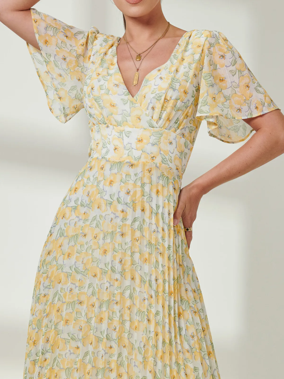 Jolie Moi Occasion Dresses|Floral Dresses-Pleated Dip Hem Chiffon Midaxi Dress, Yellow Floral