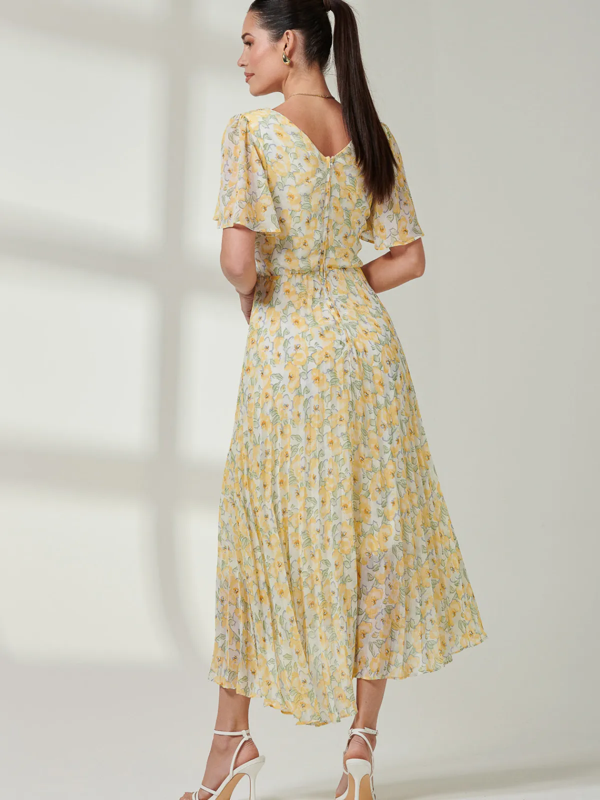 Jolie Moi Occasion Dresses|Floral Dresses-Pleated Dip Hem Chiffon Midaxi Dress, Yellow Floral