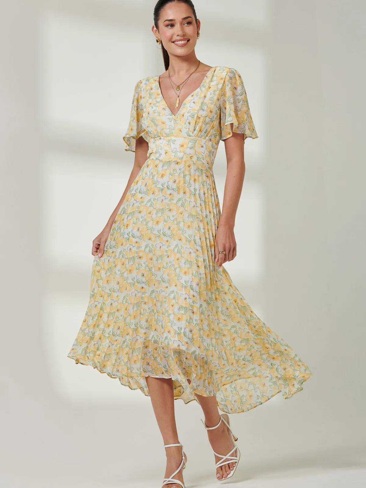 Jolie Moi Occasion Dresses|Floral Dresses-Pleated Dip Hem Chiffon Midaxi Dress, Yellow Floral