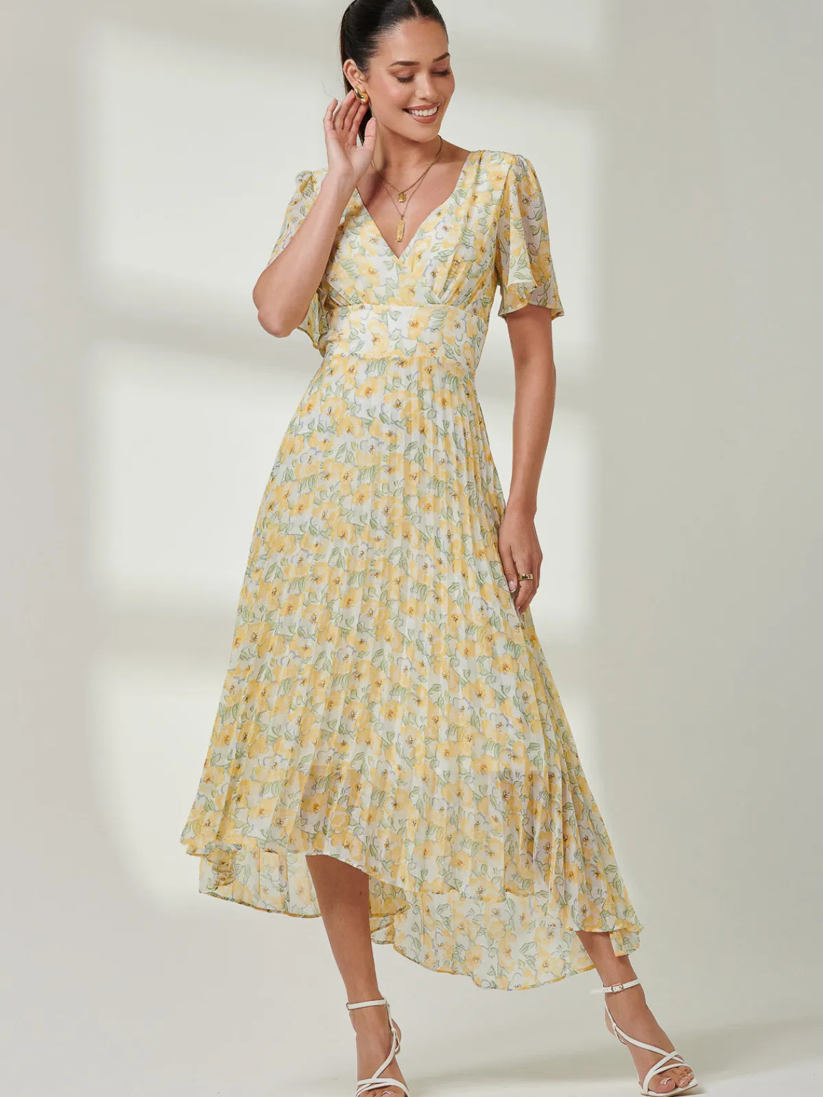 Jolie Moi Occasion Dresses|Floral Dresses-Pleated Dip Hem Chiffon Midaxi Dress, Yellow Floral