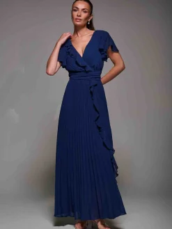 Jolie Moi Occasion Dresses|Wrap Dresses- Pleated Frill Detail Chiffon Maxi Dress Navy